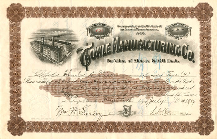 Towle Manufacturing Co. - Stock Certificate